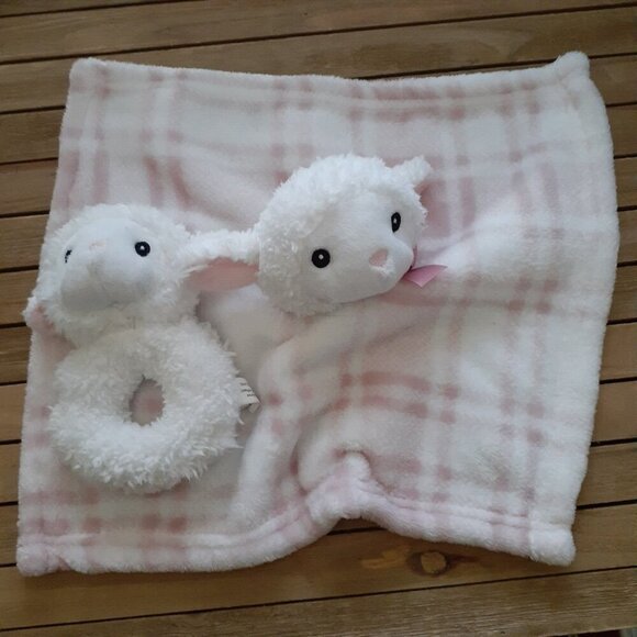 Lila & Jack Lamb Lovey and Rattle Pink Plaid12"x12"